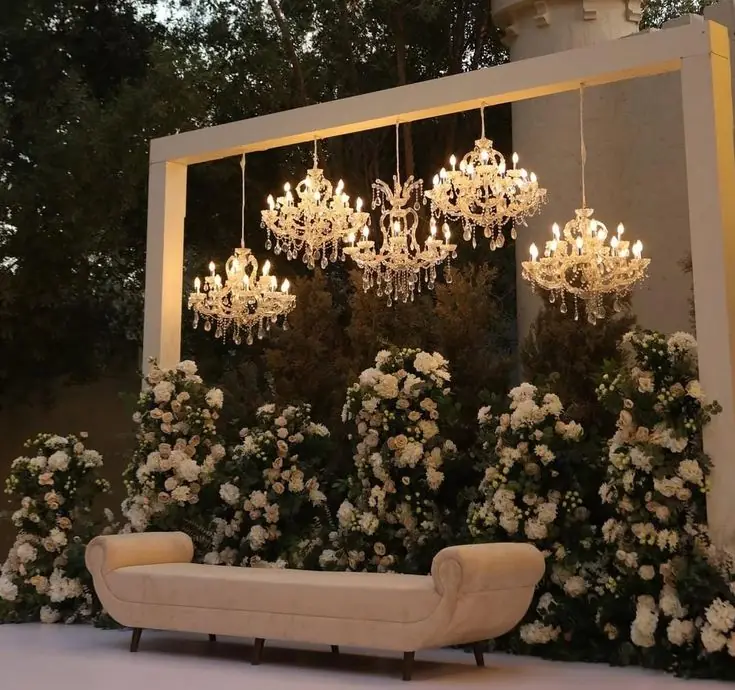 Crystal chandelier floral backdrop event decor Udaipur