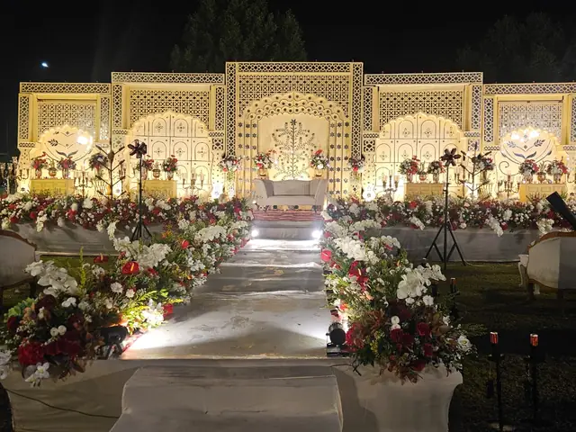 Blue pink Haldi stage decoration Udaipur