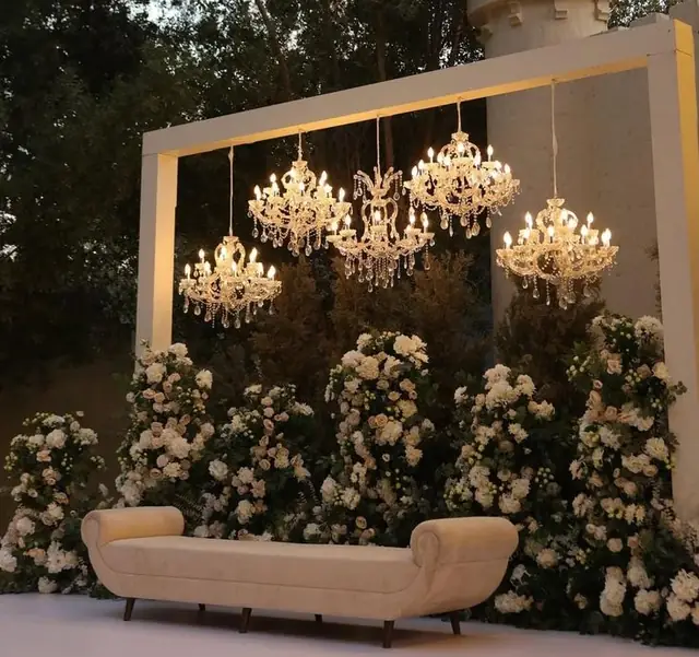 Crystal chandelier floral backdrop event decor Udaipur