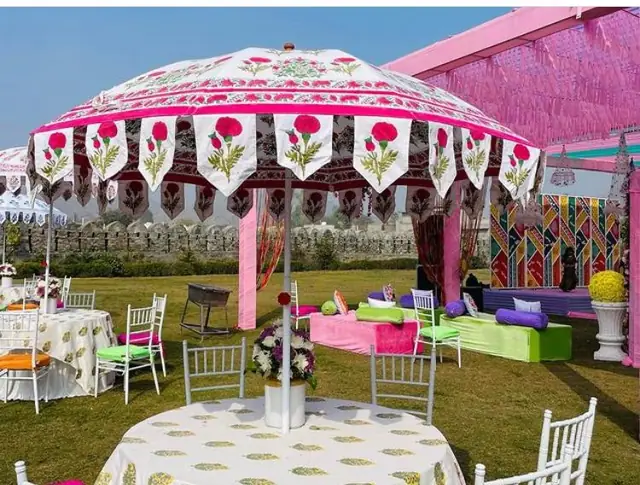 Outdoor wedding floral setup by Udaipur Decoration